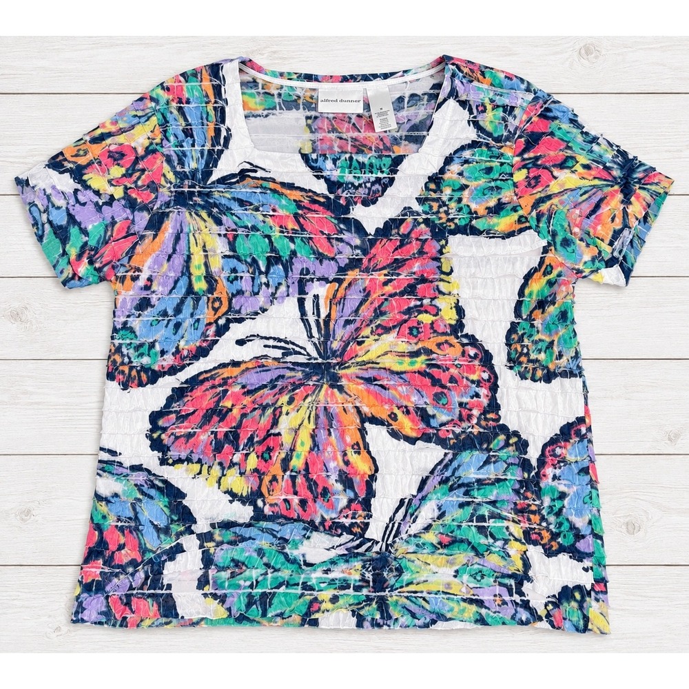 Alfred Dunner Butterfly Print Textured Short Sleeve Blouse Colorful Boho Medium